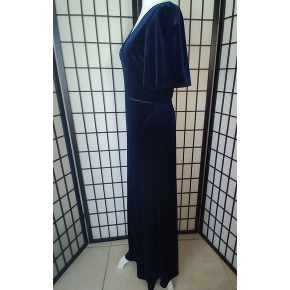 MEROKEETY Women's Blue V-Neck Wrap Velvet Maxi Dress Bell Sleeve Dress Size Med - Picture 9 of 10